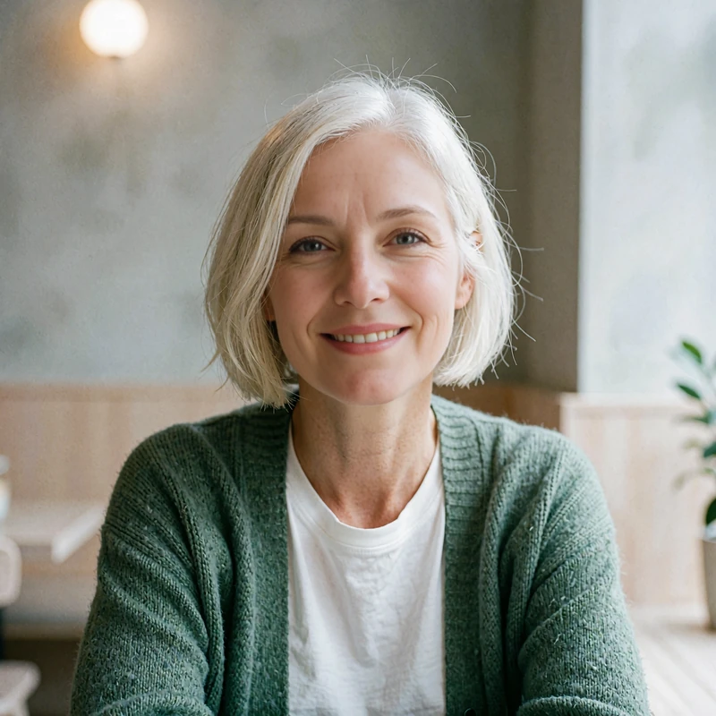 Woman in her early fifties wearing a sage cardigan at a café - mature dating member testimonial for the MatureSearch review