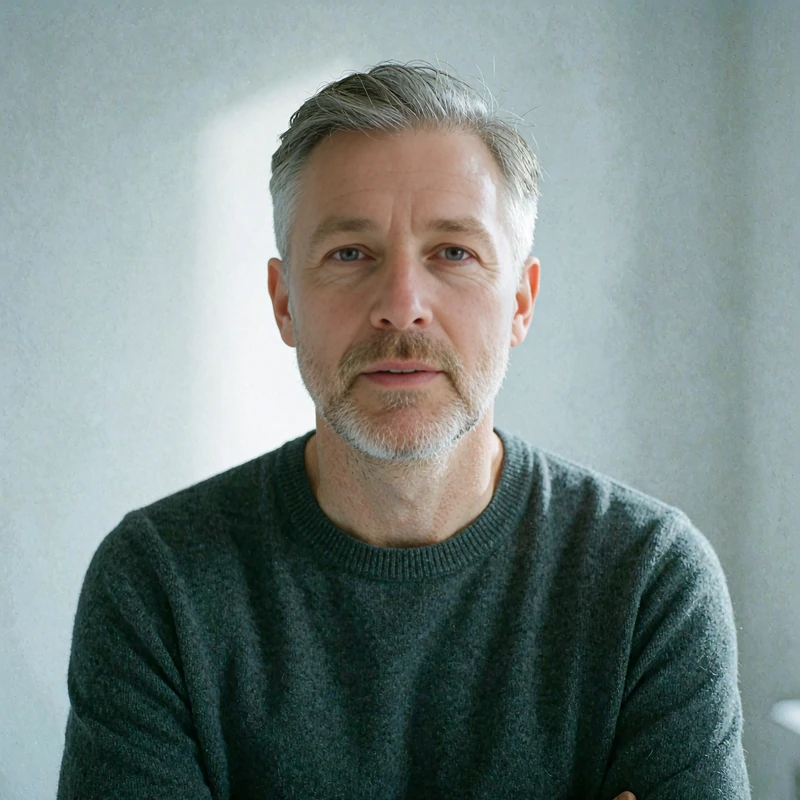 Greying man in a dark crew-neck sweater with a calm expression - verified account example in our MatureSearch review