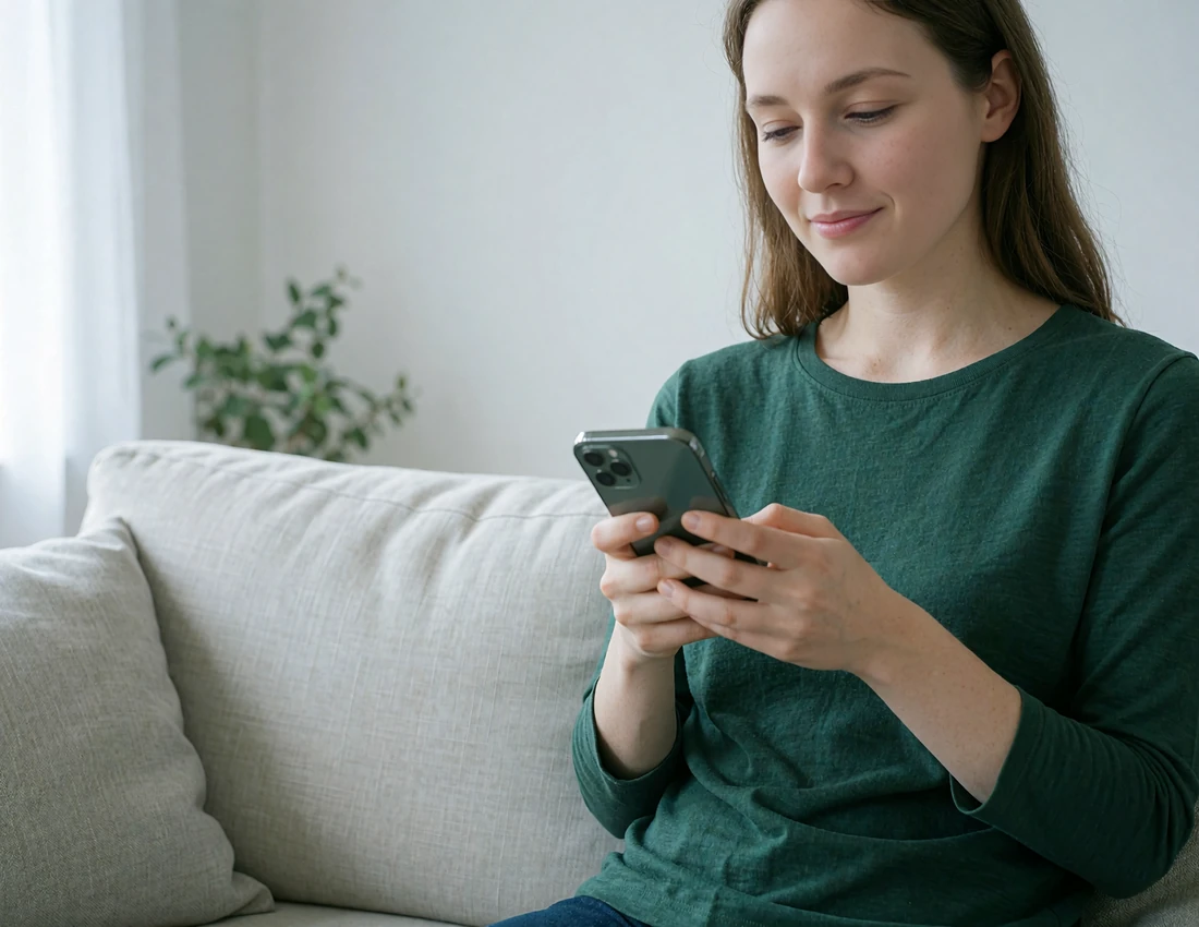 Young woman in an emerald top checking her phone on a pale linen sofa - fast matching feature analysis in the MatureSearch review