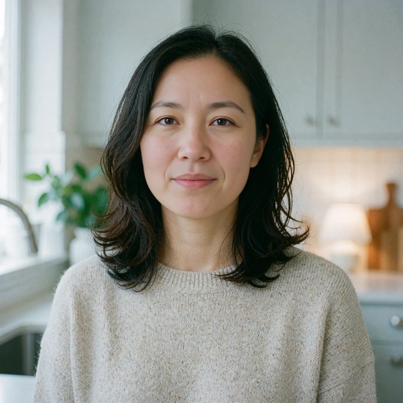 Young woman in an oatmeal knit sweater smiling in a bright kitchen - real member feedback in our MatureSearch dating app review
