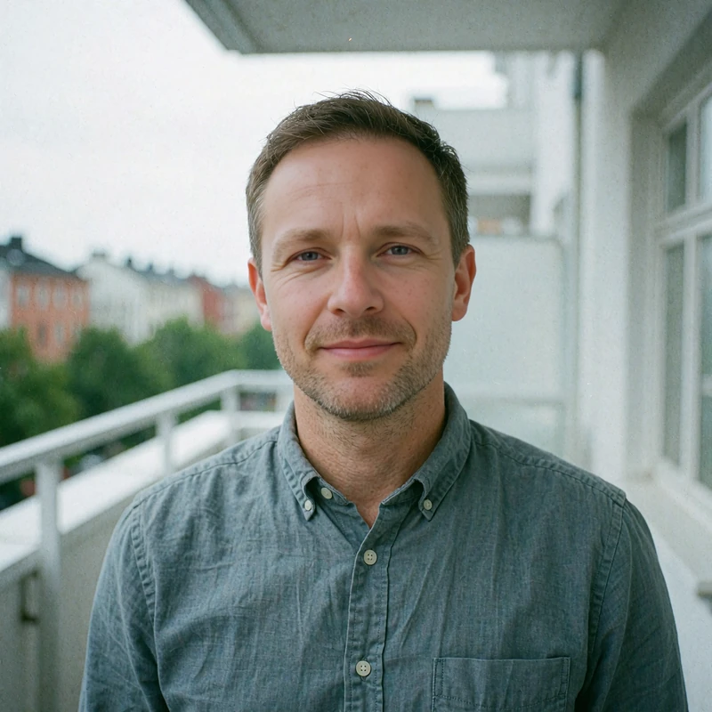 Man in his late thirties on a city balcony sharing his experience - member review for the MatureSearch dating site review